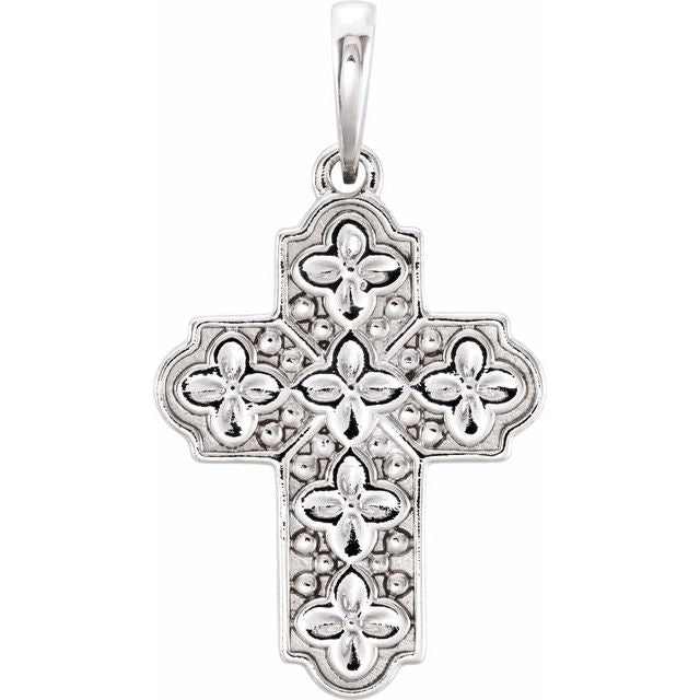 14k White Ornate Floral-inspired Cross Pendant