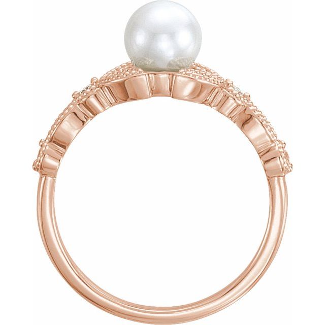 14k Rose Cultured White Freshwater Pearl & 1/10 Ctw Natural Diamond Leaf Ring