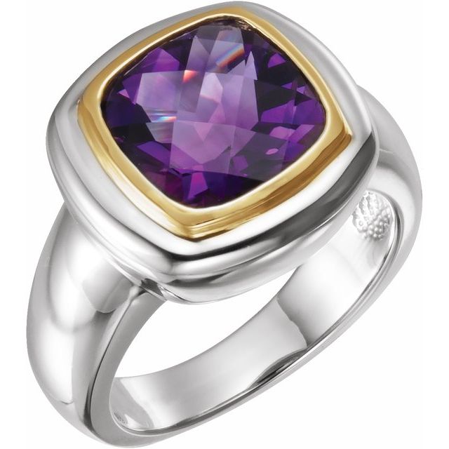 14K White/Yellow Checkerboard Natural Amethyst Ring