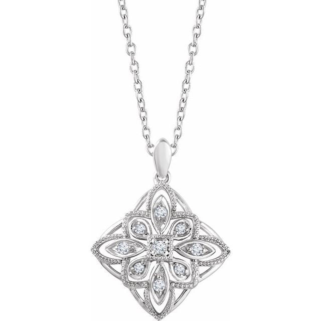 Sterling Silver  1/10 Ctw Natural Diamond Granulated Filigree 16-18' Necklace