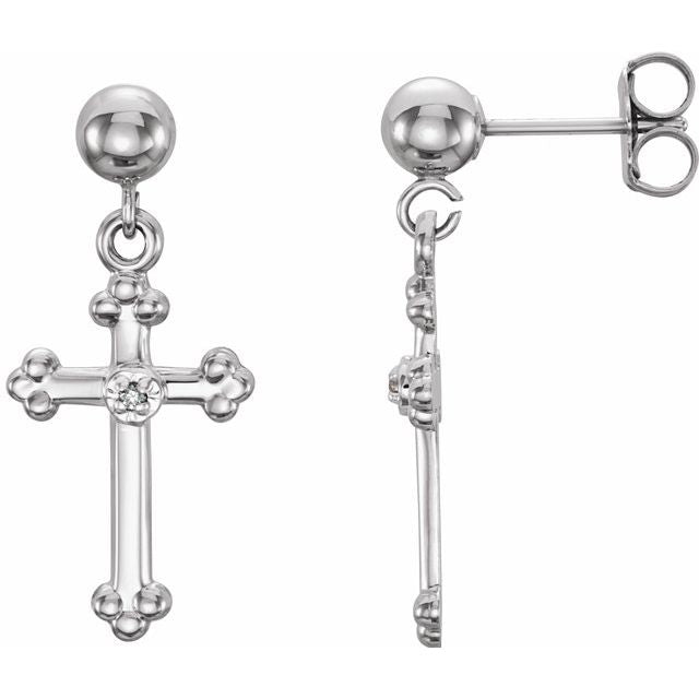 14K White .005 CT Natural Diamond Cross Earring