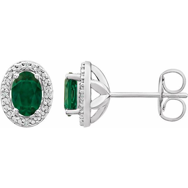 Sterling Silver Lab-grown Emerald & .025 Ctw Natural Diamond Earrings