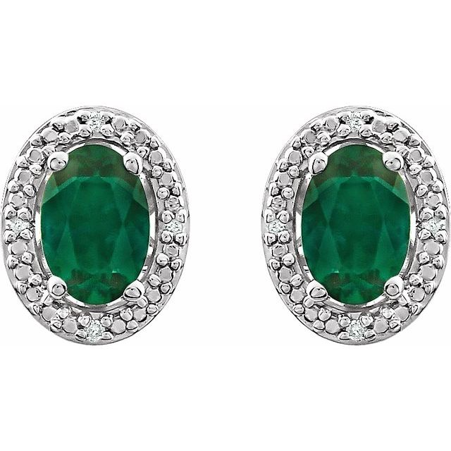Sterling Silver Lab-grown Emerald & .025 Ctw Natural Diamond Earrings