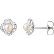 14k White Cultured White Freshwater Pearl & 1/6 Ctw Natural Diamond Earrings