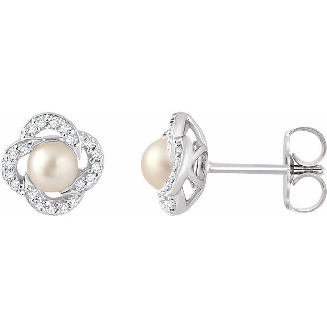 14k White Cultured White Freshwater Pearl & 1/6 Ctw Natural Diamond Earrings