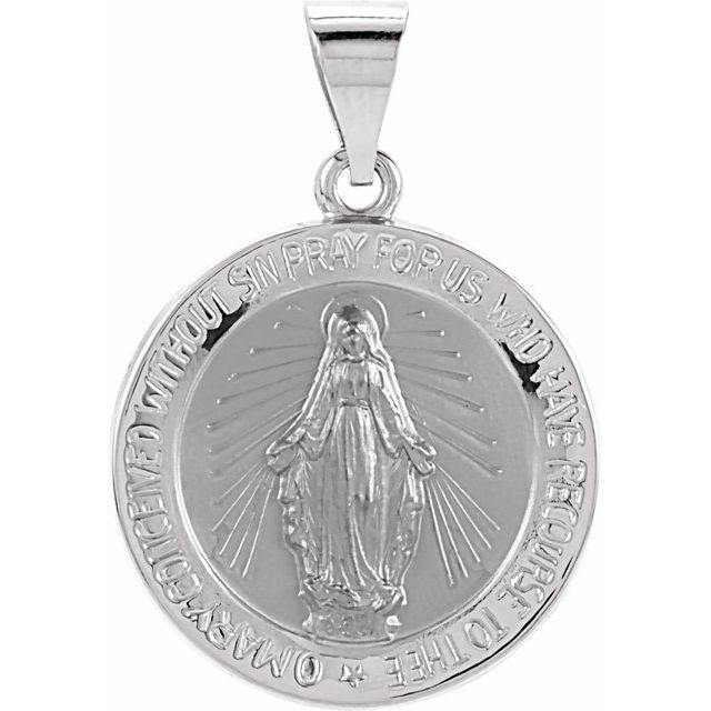 14K White 18 mm Hollow Round Miraculous Medal