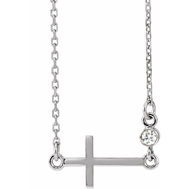 Sterling Silver .03 Ctw Natural Diamond Sideways Cross 16-18' Necklace