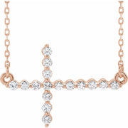 14k Rose 1/4 Ctw Natural Diamond Sideways Cross 16-18' Necklace