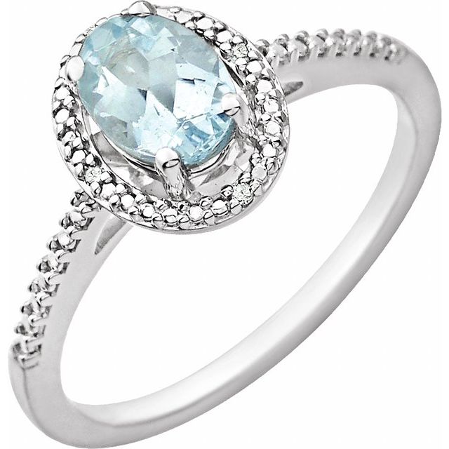 Sterling Silver Natural Aquamarine & .01 Ctw Natural Diamond Ring