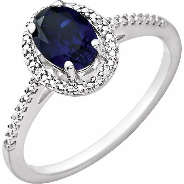 Sterling Silver Lab-grown Blue Sapphire & .01 Ctw Natural Diamond Ring