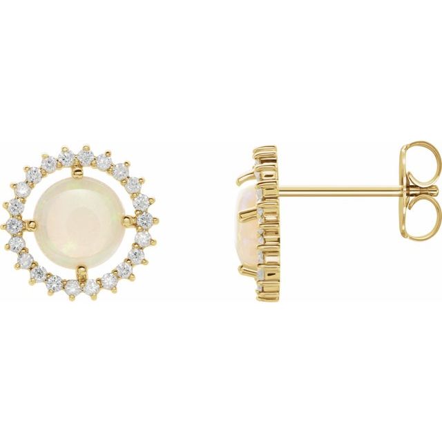 14k Yellow Natural White Opal & 1/5 Ctw Natural Diamond Earrings