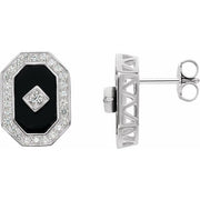 Sterling Silver Natural Black Onyx & Imitation White Cubic Zirconia Halo-Style Earrings