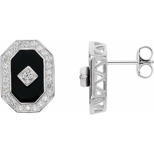 Sterling Silver Natural Black Onyx & Imitation White Cubic Zirconia Halo-Style Earrings