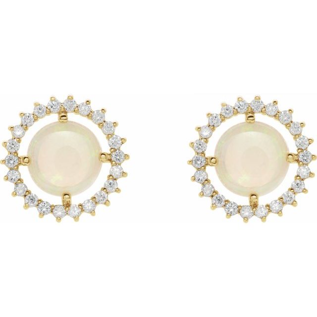 14k Yellow Natural White Opal & 1/5 Ctw Natural Diamond Earrings