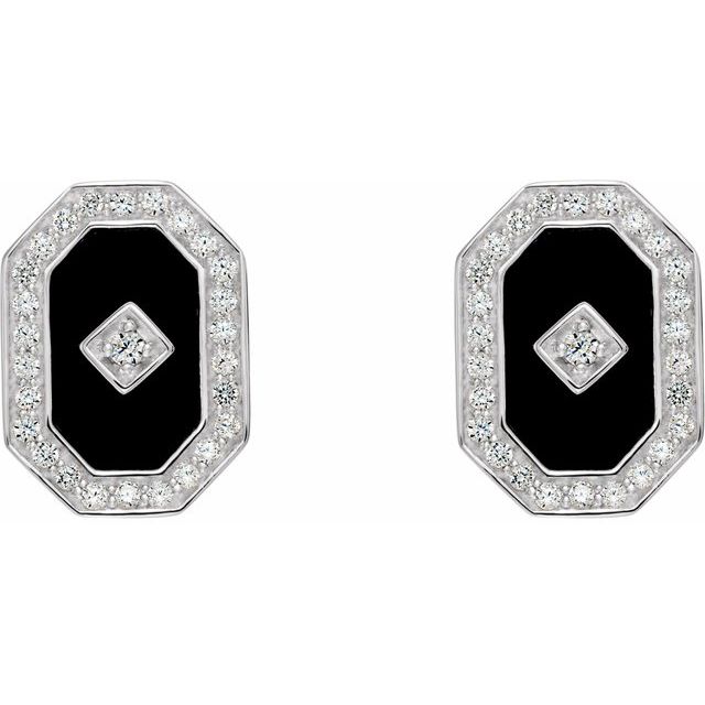 Sterling Silver Natural Black Onyx & Imitation White Cubic Zirconia Halo-Style Earrings