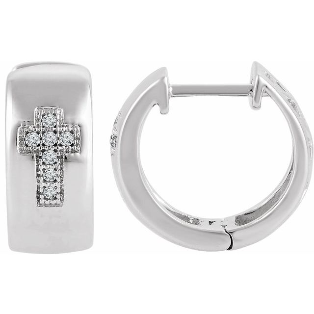 Sterling Silver .05 Ctw Natural Diamond Cross 11.3 Mm Hoop Earrings
