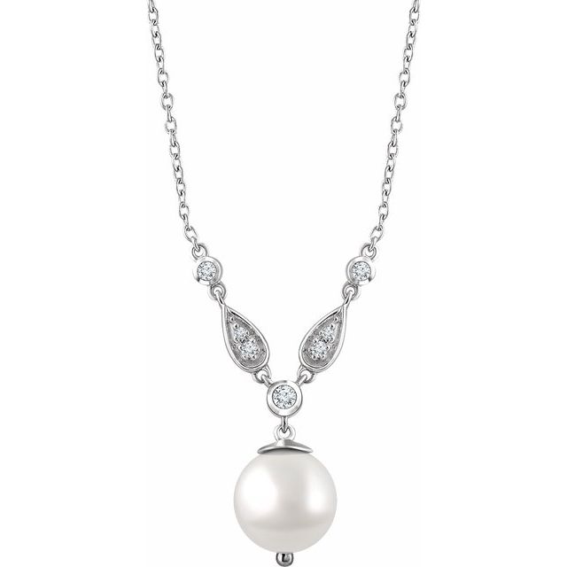 14k White Cultured White Freshwater Pearl & 1/6 Ctw Natural Diamond 16-18' Necklace