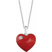 Sterling Silver .02 Ct Natural Diamond Red Enamel Heart 16-18' Necklace