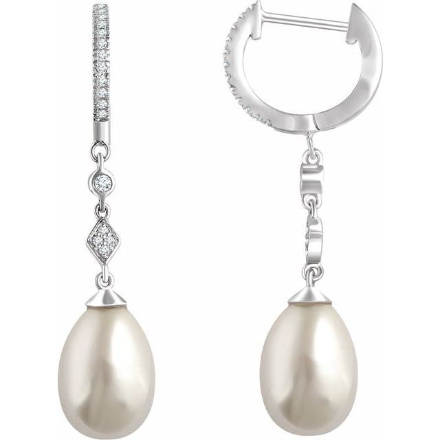 14k White Cultured White Freshwater Pearl & 1/6 Ctw Natural Diamond Earrings