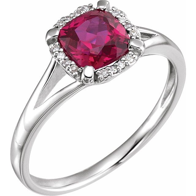 14k White Lab-grown Ruby & .05 Ctw Natural Diamond Ring