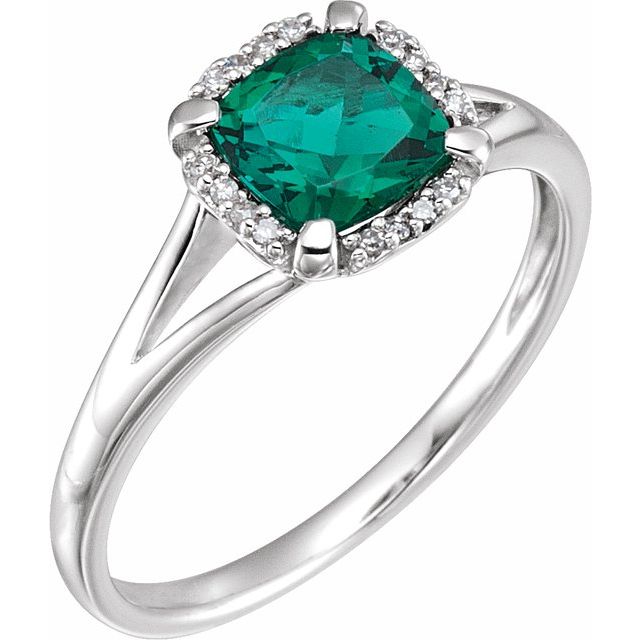 14k White Lab-grown Emerald & .05 Ctw Natural Diamond Ring