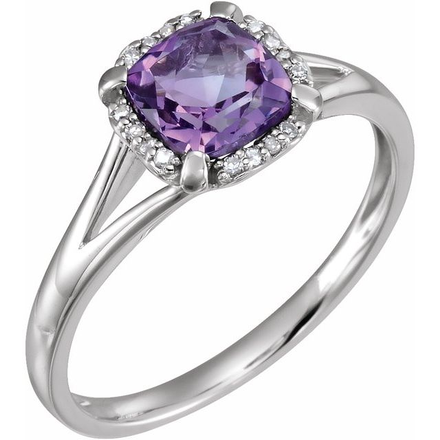 14k White Natural Amethyst & .05 Ctw Natural Diamond Ring