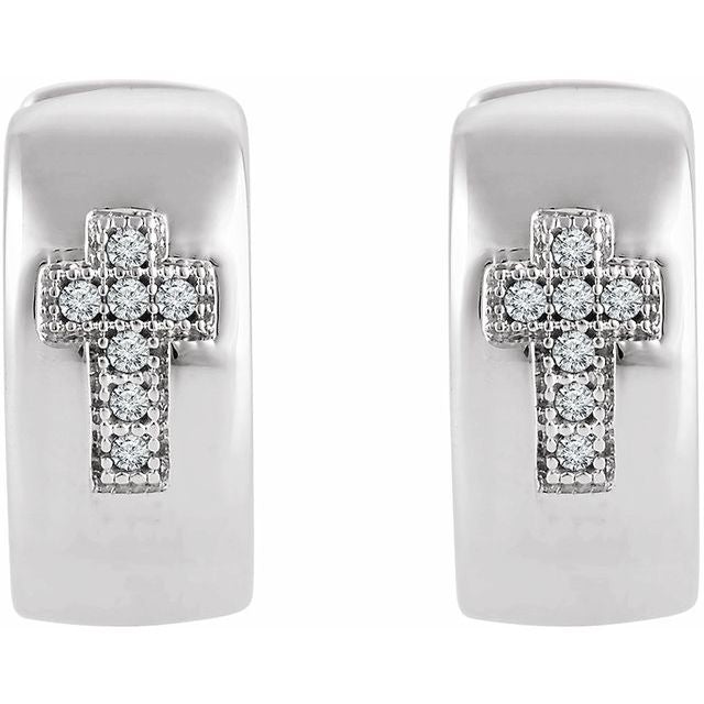 Sterling Silver .05 Ctw Natural Diamond Cross 11.3 Mm Hoop Earrings