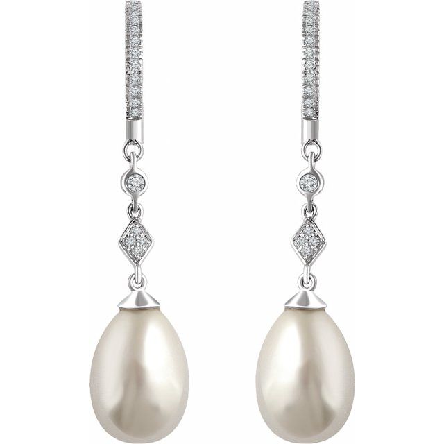 14k White Cultured White Freshwater Pearl & 1/6 Ctw Natural Diamond Earrings