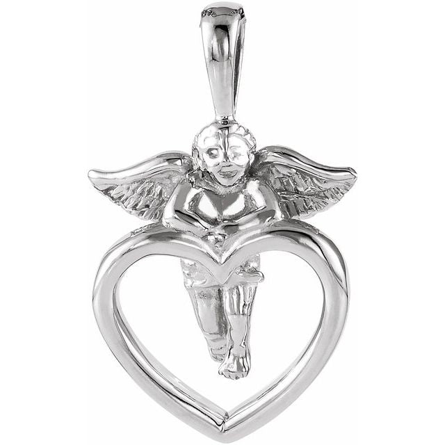 14k White 22.7x14.2 Mm Cherub & Heart Pendant