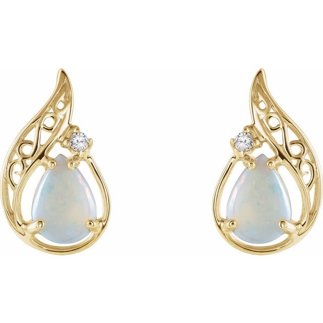 14K Yellow Natural White Opal & .03 CTW Natural Diamond Earrings