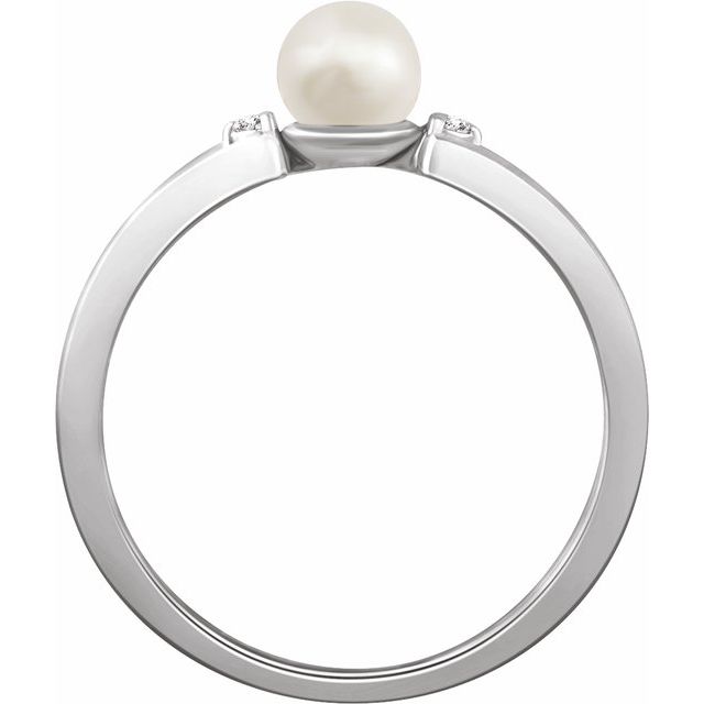14k White Cultured White Freshwater Pearl & .03 Ctw Natural Diamond Ring