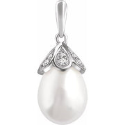 14k White Cultured White Freshwater Pearl & 1/8 Ctw Natural Diamond Pendant