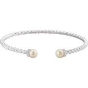 14k White Cultured White Freshwater Pearl & 1/10 Ctw Natural Diamond Cuff 7' Bracelet
