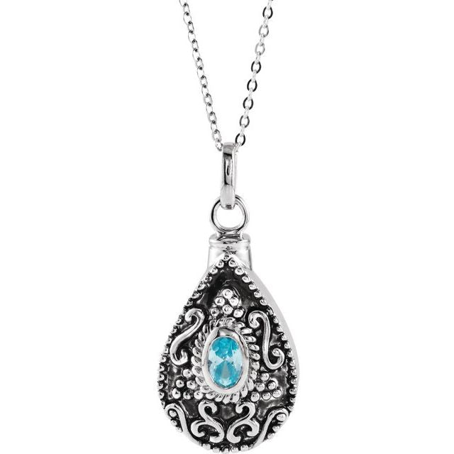 Sterling Silver 6x4 mm Oval March Birthstone Ash Holder 18' Necklace