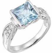14K White Natural Aquamarine & 1/8 CTW Natural Diamond Ring