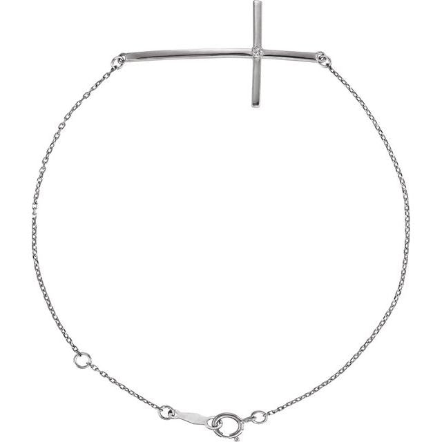 14k White .025 Ct Natural Diamond Sideways Cross 7-8' Bracelet