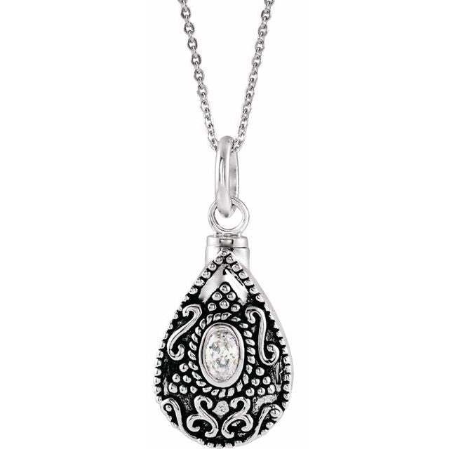 Sterling Silver 6x4 mm Oval April Birthstone Ash Holder 18' Necklace