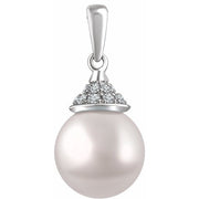 14k White Cultured White Freshwater Pearl & 1/8 Ctw Natural Diamond Pendant