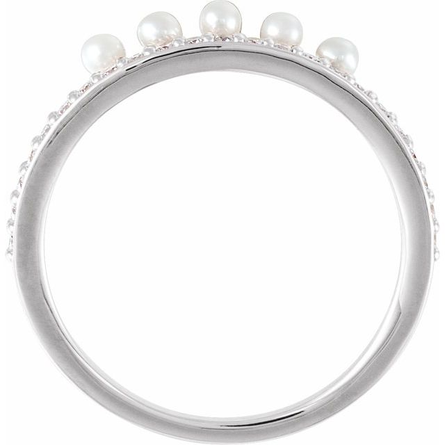 14k White Cultured White Freshwater Pearl & 1/5 Ctw Natural Diamond Stackable Ring