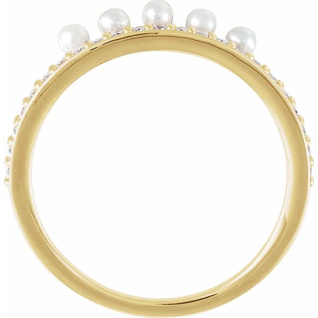 14k Yellow Cultured White Freshwater Pearl & 1/5 Ctw Natural Diamond Stackable Ring