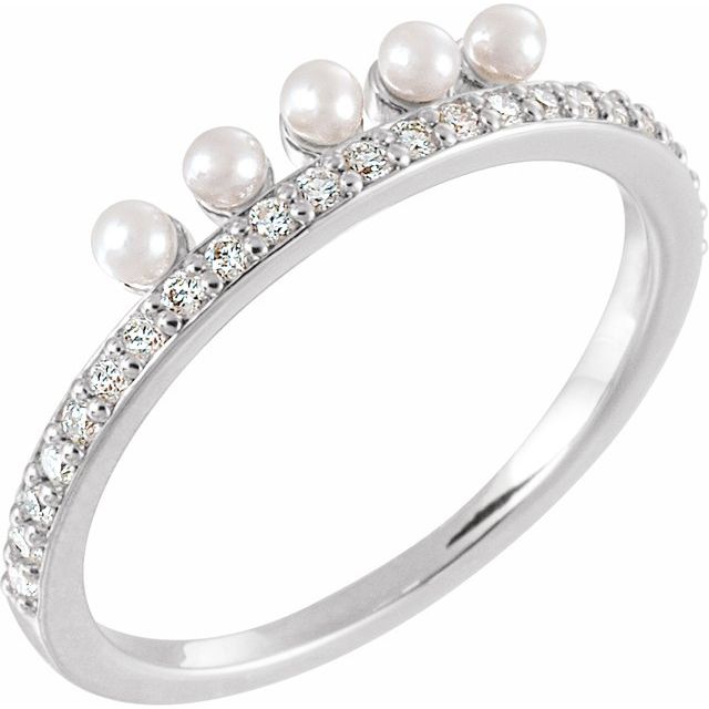 14k White Cultured White Freshwater Pearl & 1/5 Ctw Natural Diamond Stackable Ring