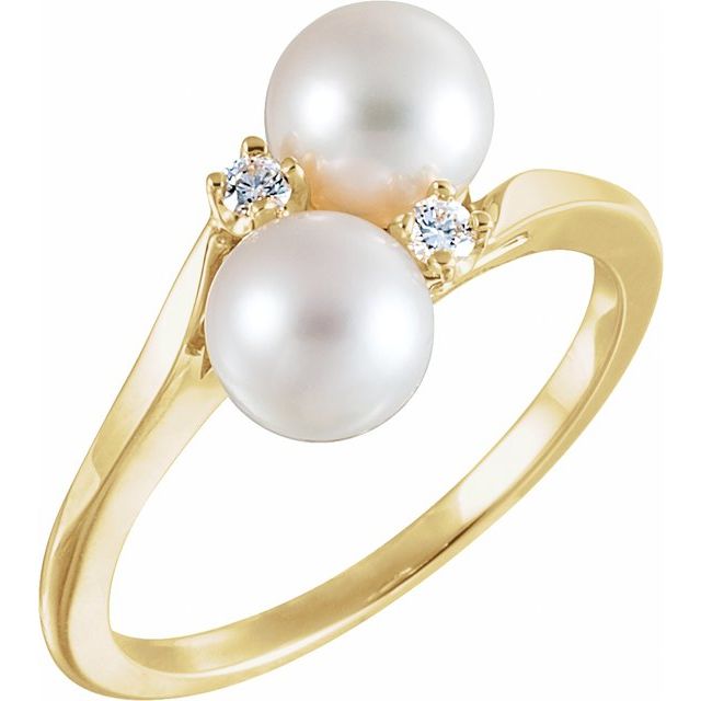 14k Yellow Cultured White Akoya Pearl & .06 Ctw Natural Diamond Bypass Ring