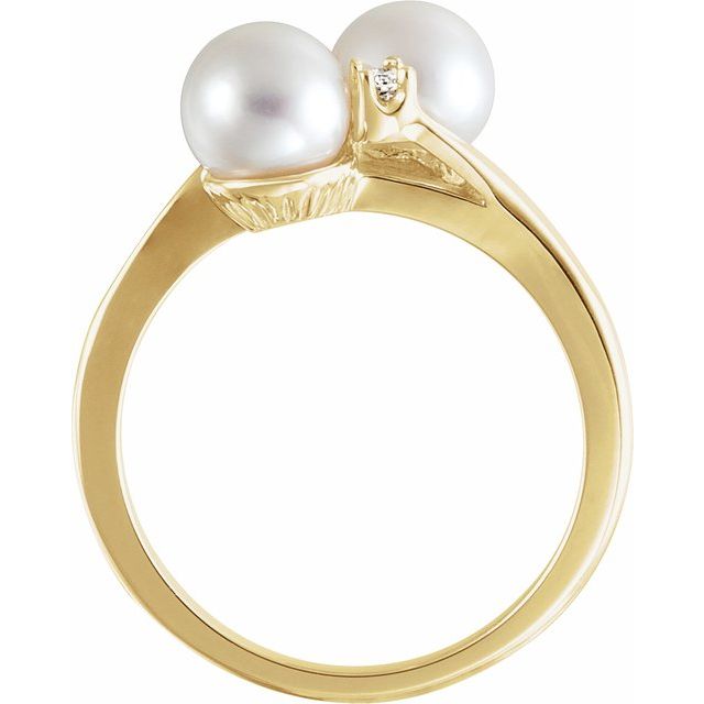 14k Yellow Cultured White Akoya Pearl & .06 Ctw Natural Diamond Bypass Ring
