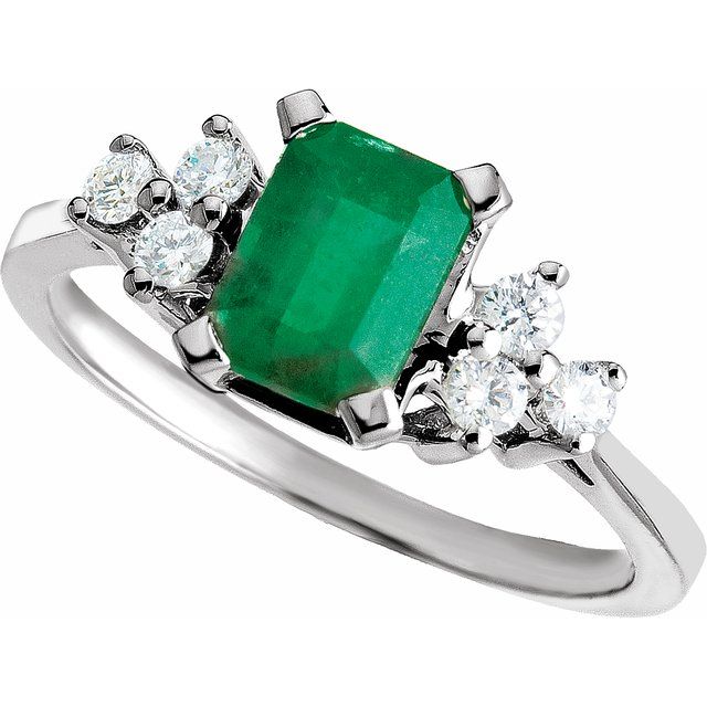 14K White Natural Emerald & 1/6 CTW Natural Diamond Ring