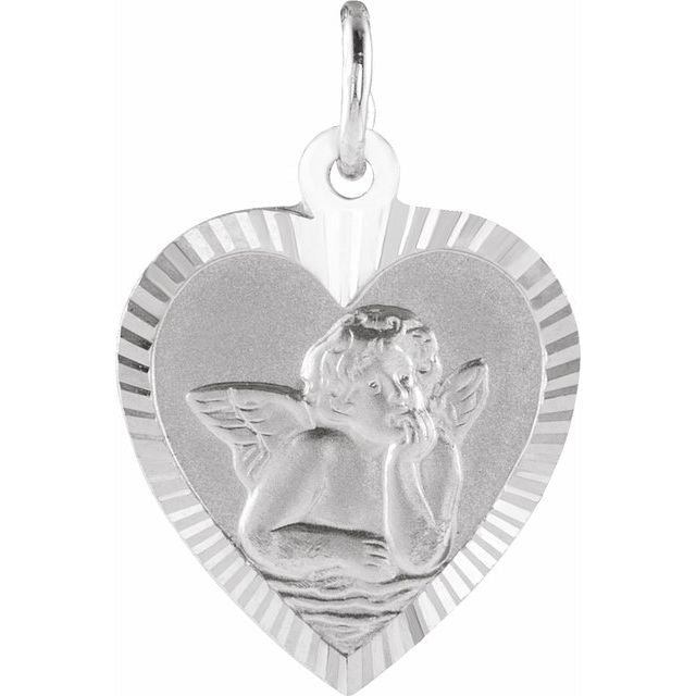 14k White 12x11 Mm Heart Cherub Angel Medal