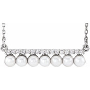 14k White Cultured White Freshwater Pearl & 1/8 Ctw Natural Diamond Bar 16-18' Necklace