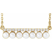 14k Yellow Cultured White Freshwater Pearl & 1/8 Ctw Natural Diamond Bar 16-18' Necklace
