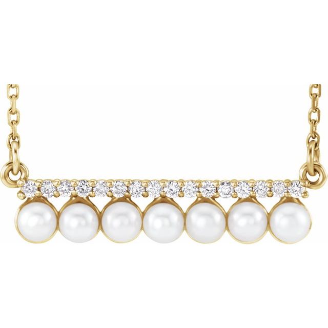 14k Yellow Cultured White Freshwater Pearl & 1/8 Ctw Natural Diamond Bar 16-18' Necklace