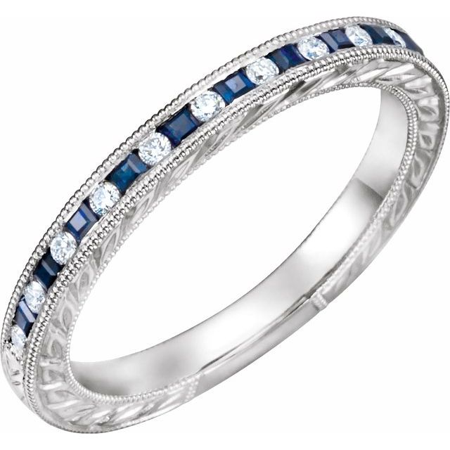14k White Natural Blue Sapphire & 1/10 Ctw Natural Diamond Anniversary Band