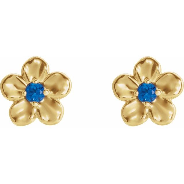 14k Yellow Imitation Blue Sapphire September Birthstone Flower Earrings